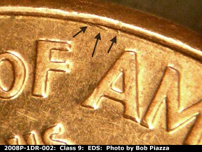 Die-stage A marker on 2008P•1DR•002 (2008 Doubled Die Reverse).