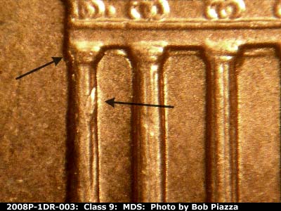 Die-stage B marker on 2008P•1DR•003 (2008 Doubled Die Reverse).