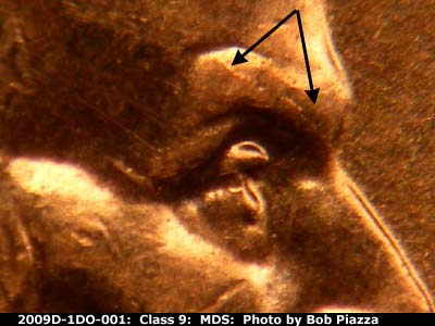 Die-stage B marker on 2009D•1DO•001 (2009 Doubled Die Obverse).