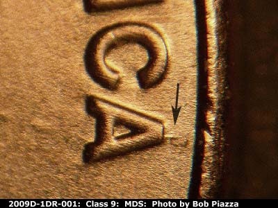 Die-stage B marker on 2009D•1DR•001 (2009 Doubled Die Reverse).