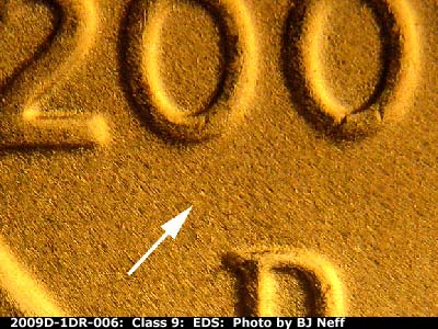 Die-stage A marker on 2009D•1DR•006 (2009 Doubled Die Reverse).