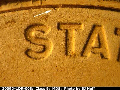 Die-stage B marker on 2009D•1DR•008 (2009 Doubled Die Reverse).