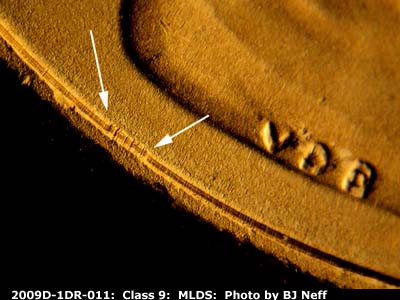 Die-stage B marker on 2009D•1DR•011 (2009 Doubled Die Reverse).