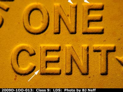 Die-stage B marker on 2009D•1DR•013 (2009 Doubled Die Reverse).