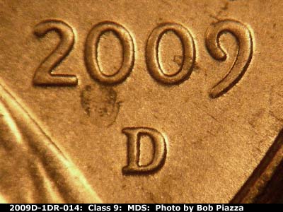 Die-stage B marker on 2009D•1DR•014 (2009 Doubled Die Reverse).