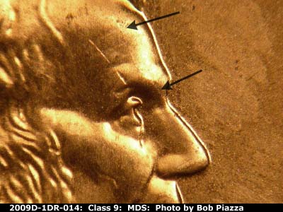Die-stage B marker on 2009D•1DR•014 (2009 Doubled Die Reverse).