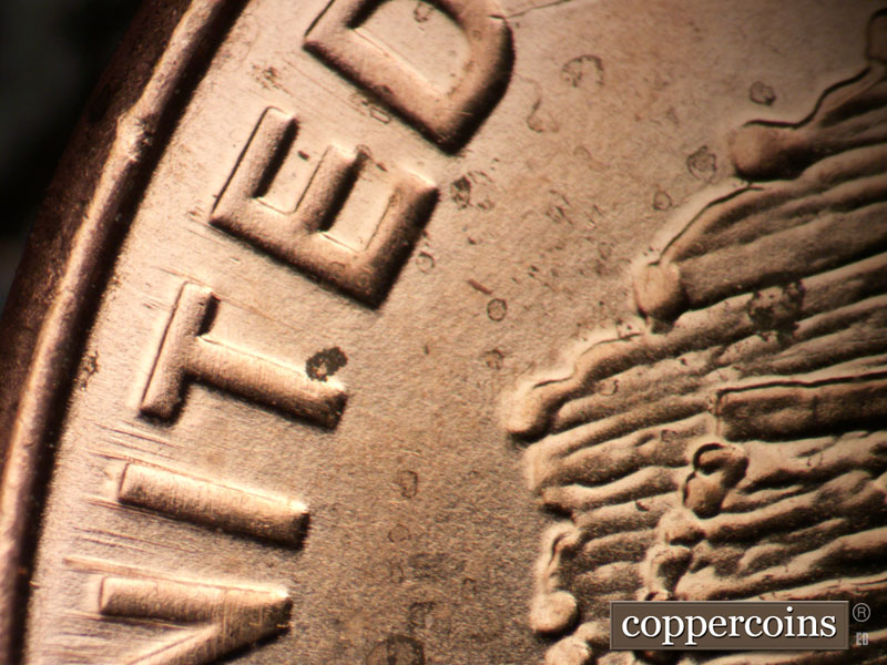 Die-stage B marker on 2009D•1DR•015 (2009 Doubled Die Reverse).