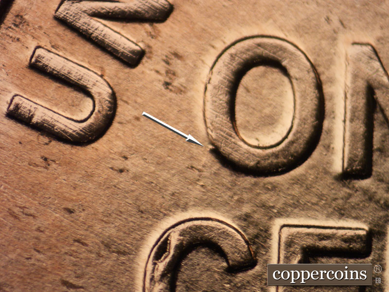 Die-stage B marker on 2009P•1DO•001 (2009 Doubled Die Obverse).
