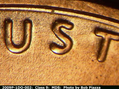 Die-stage B marker on 2009P•1DO•002 (2009 Doubled Die Obverse).