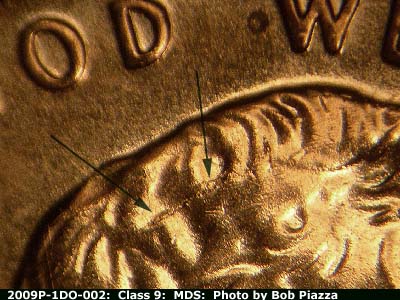 Die-stage B marker on 2009P•1DO•002 (2009 Doubled Die Obverse).
