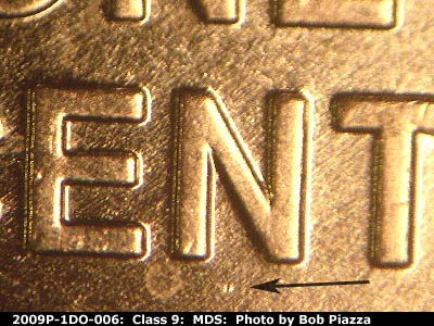 Die-stage B marker on 2009P•1DO•006 (2009 Doubled Die Obverse).