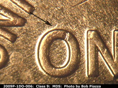 Die-stage B marker on 2009P•1DO•006 (2009 Doubled Die Obverse).