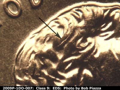 Die-stage A marker on 2009P•1DO•007 (2009 Doubled Die Obverse).