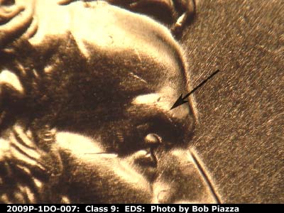 Die-stage A marker on 2009P•1DO•007 (2009 Doubled Die Obverse).