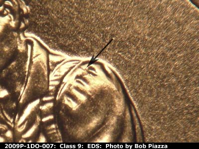 Die-stage A marker on 2009P•1DO•007 (2009 Doubled Die Obverse).