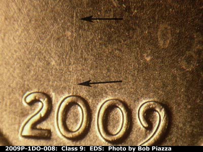 Die-stage A marker on 2009P•1DO•008 (2009 Doubled Die Obverse).