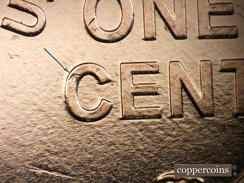 Die-stage A marker on 2009P•1DO•011 showing Die chip on C in CENT.