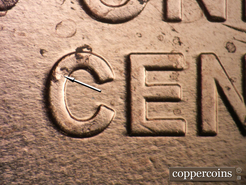 Die-stage B marker on 2009P•1DO•011 (2009 Doubled Die Obverse).