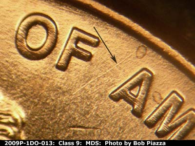 Die-stage B marker on 2009P•1DO•013 (2009 Doubled Die Obverse).