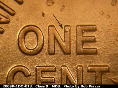 Die-stage B marker on 2009P•1DO•013 (2009 Doubled Die Obverse).