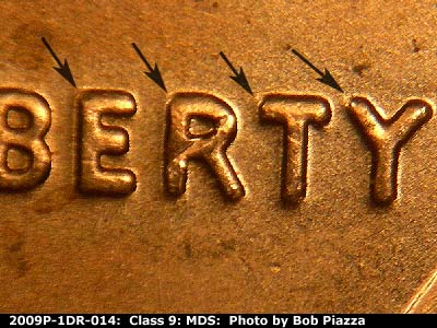 Die-stage B marker on 2009P•1DO•014 (2009 Doubled Die Obverse).