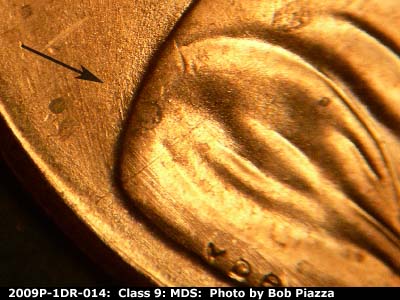 Die-stage B marker on 2009P•1DO•014 (2009 Doubled Die Obverse).