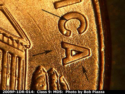 Die-stage B marker on 2009P•1DO•014 (2009 Doubled Die Obverse).