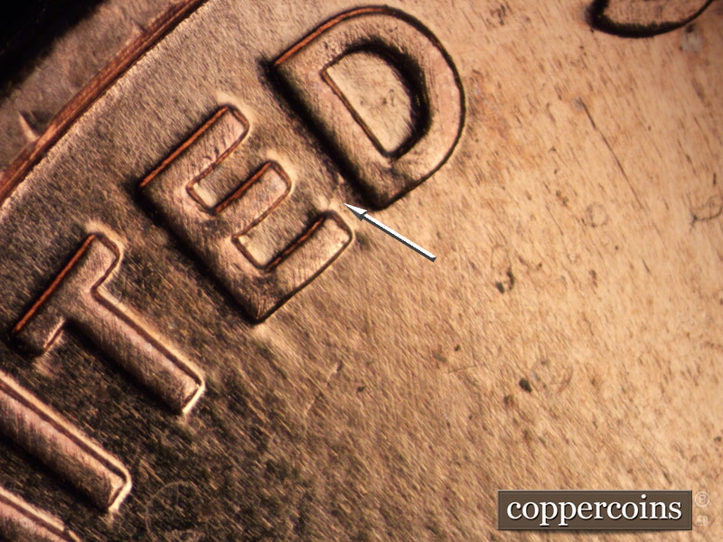 Die-stage B marker on 2009P•1DO•017 (2009 Doubled Die Obverse).