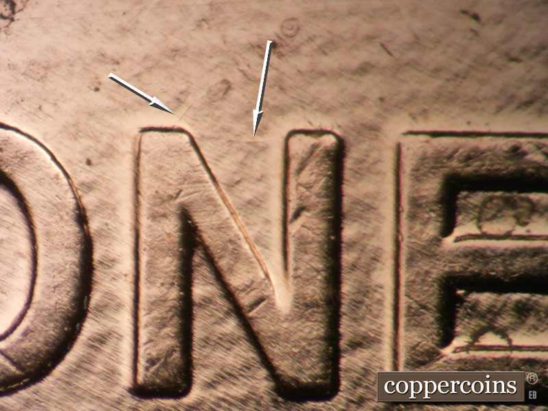 Die-stage B marker on 2009P•1DR•004 (2009 Doubled Die Reverse).