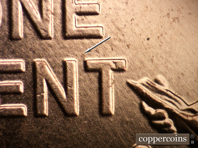 Die-stage A marker on 2009P•1DR•009 (2009 Doubled Die Reverse).