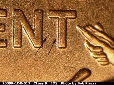 Die-stage A marker on 2009P•1DR•012 (2009 Doubled Die Reverse).