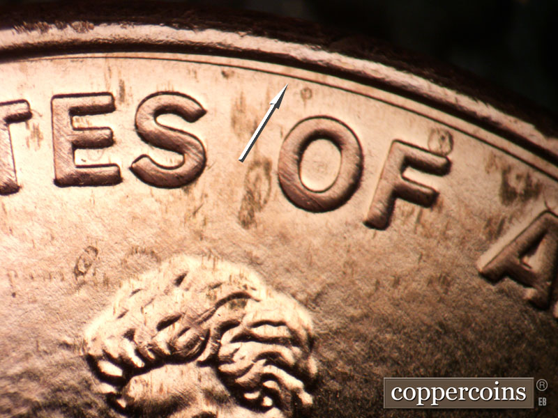 Die-stage A marker on 2009P•1DR•014 (2009 Doubled Die Reverse).