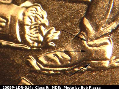 Die-stage B marker on 2009P•1DR•014 (2009 Doubled Die Reverse).