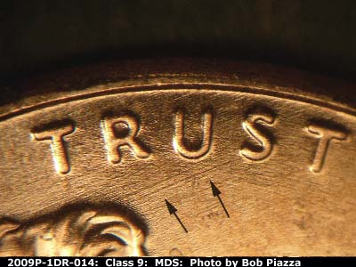 Die-stage B marker on 2009P•1DR•014 (2009 Doubled Die Reverse).
