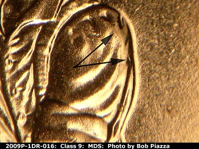 Die-stage B marker on 2009P•1DR•016 (2009 Doubled Die Reverse).
