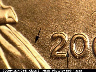 Die-stage B marker on 2009P•1DR•016 (2009 Doubled Die Reverse).