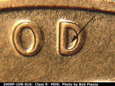 Die-stage B marker on 2009P•1DR•016 (2009 Doubled Die Reverse).