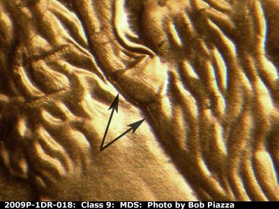 Die-stage B marker on 2009P•1DR•018 (2009 Doubled Die Reverse).