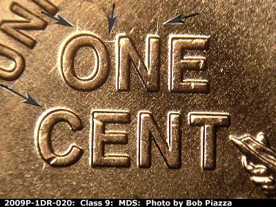 Die-stage B marker on 2009P•1DR•020 (2009 Doubled Die Reverse).
