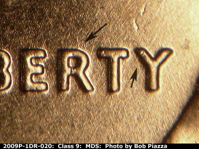 Die-stage B marker on 2009P•1DR•020 (2009 Doubled Die Reverse).