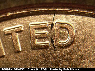 Die-stage A marker on 2009P•1DR•032 (2009 Doubled Die Reverse).