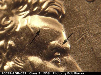 Die-stage A marker on 2009P•1DR•032 (2009 Doubled Die Reverse).