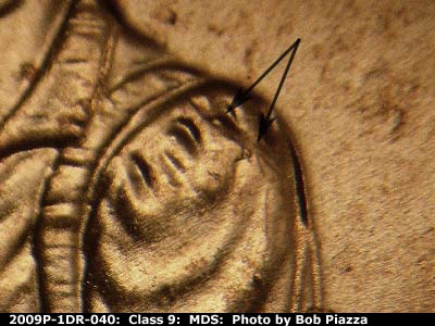 Die-stage B marker on 2009P•1DR•040 (2009 Doubled Die Reverse).
