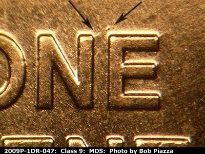 Die-stage B marker on 2009P•1DR•047 (2009 Doubled Die Reverse).