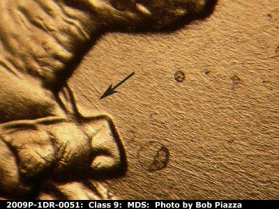 Die-stage B marker on 2009P•1DR•051 (2009 Doubled Die Reverse).