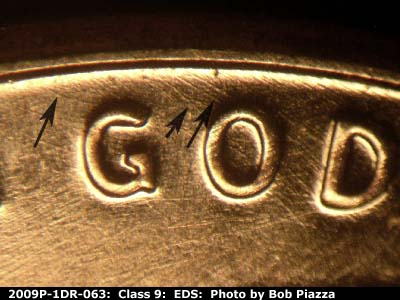 Die-stage A marker on 2009P•1DR•063 (2009 Doubled Die Reverse).