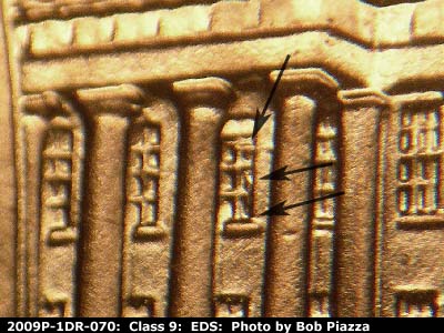 Die-stage A marker on 2009P•1DR•070 (2009 Doubled Die Reverse).