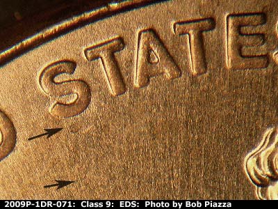 Die-stage A marker on 2009P•1DR•071 (2009 Doubled Die Reverse).