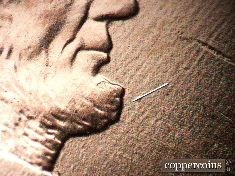 Die-stage A marker on 2009P•1DR•073 (2009 Doubled Die Reverse).