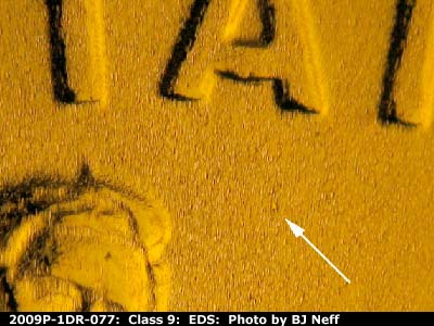 Die-stage A marker on 2009P•1DR•077 (2009 Doubled Die Reverse).